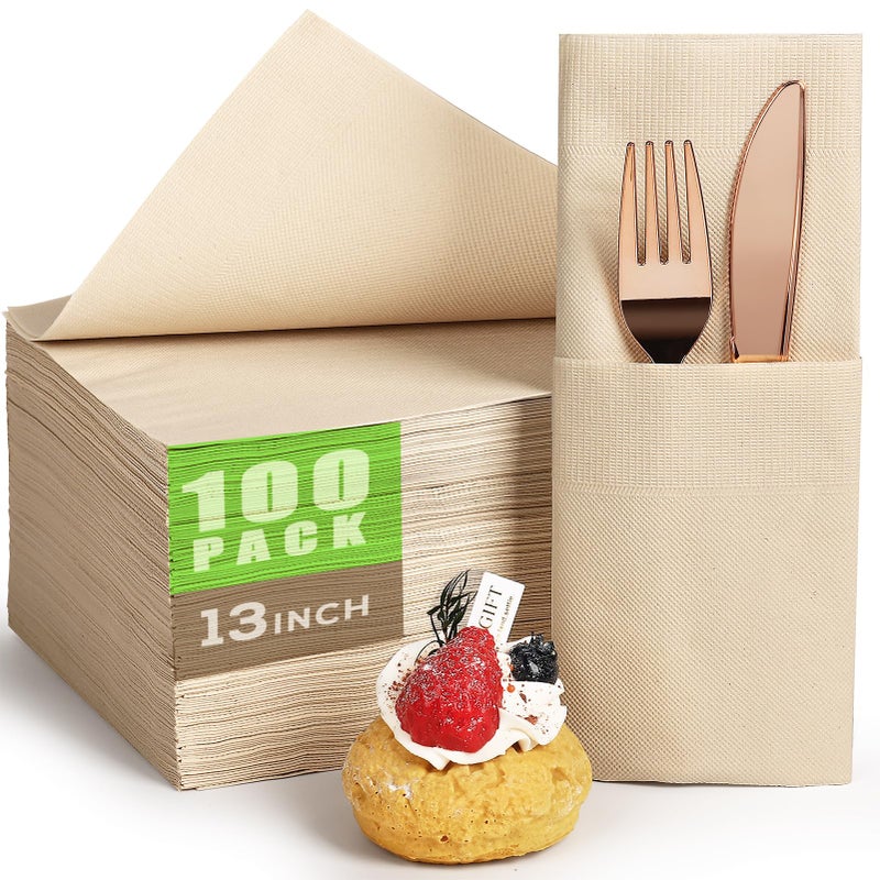 Gezond 100pcs Compostable Paper Napkins Disposable Dinner Napkins 13 x 13 in Unbleached 2ply Eco Lunch Tissue Natural